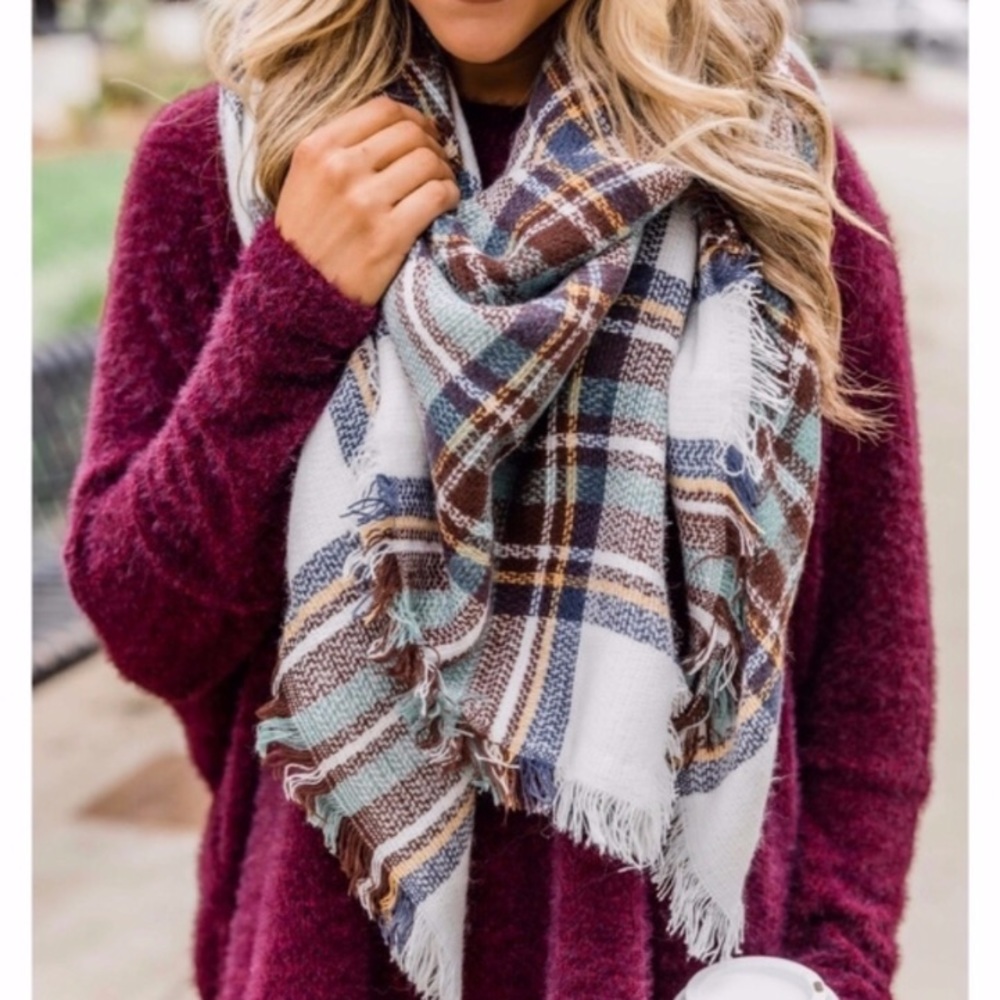 Teal Mint Plaid Frayed Hem Blanket Scarf - Picture 2 of 5